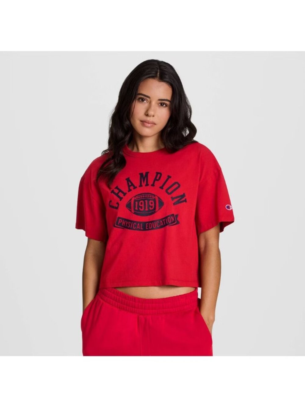Champion T Shirt Womens XXL Red Short Sleeve Crew Neck Cropped Logo Print